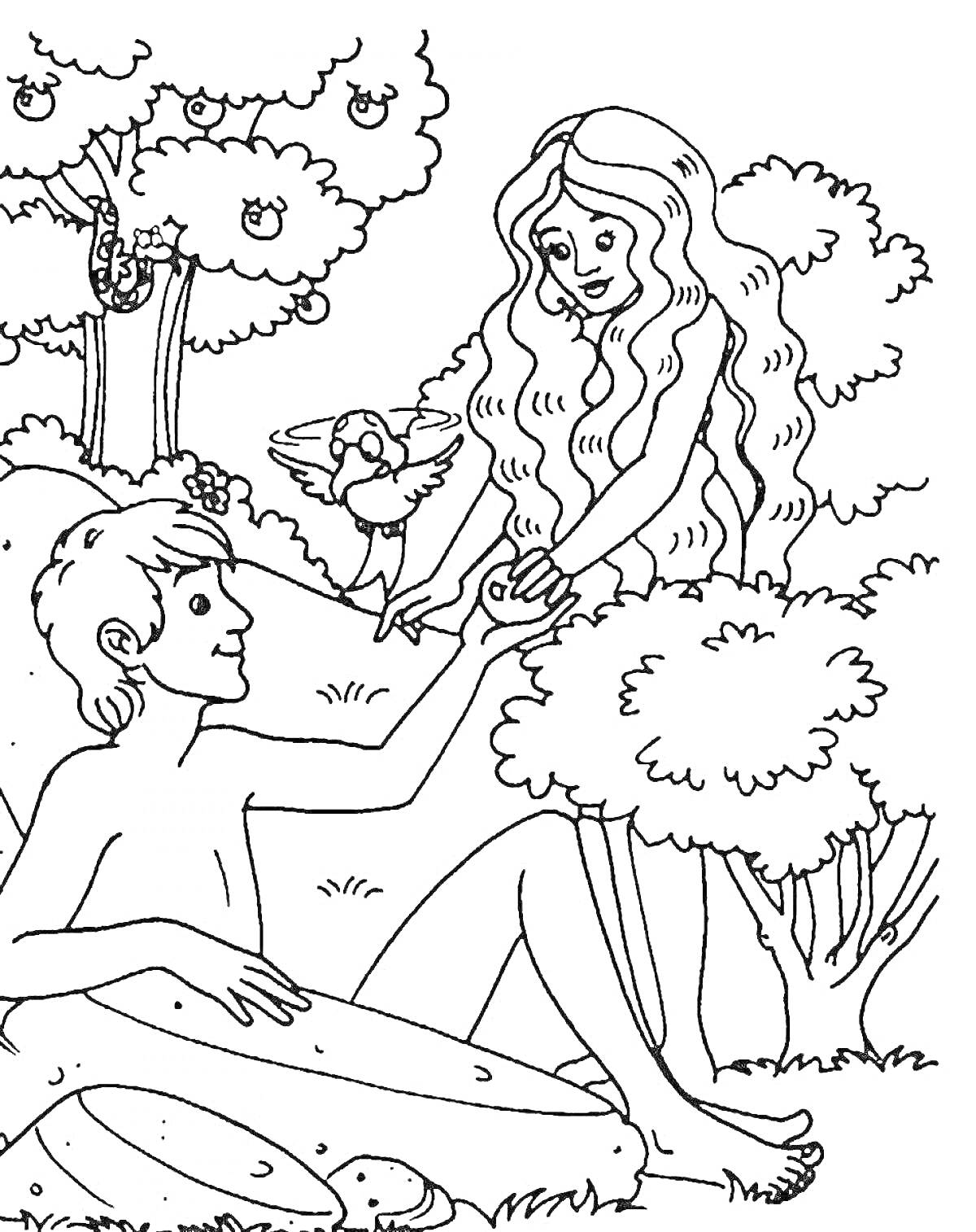 На раскраске изображено: Человек, Женщина, Держатся за руки, Лес, Деревья, Птица, Белка, Природа