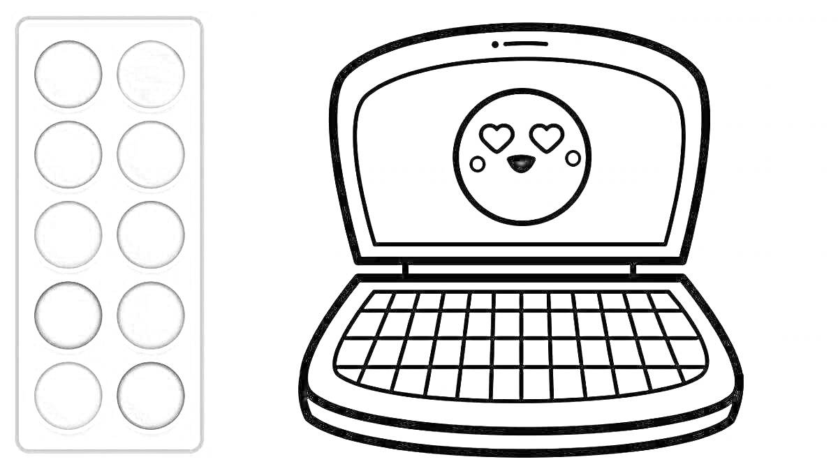 На раскраске изображено: Ноутбук, Клавиатура, Экран, Палитра красок, Компьютер, Для девочек, Мышь, Смайлы