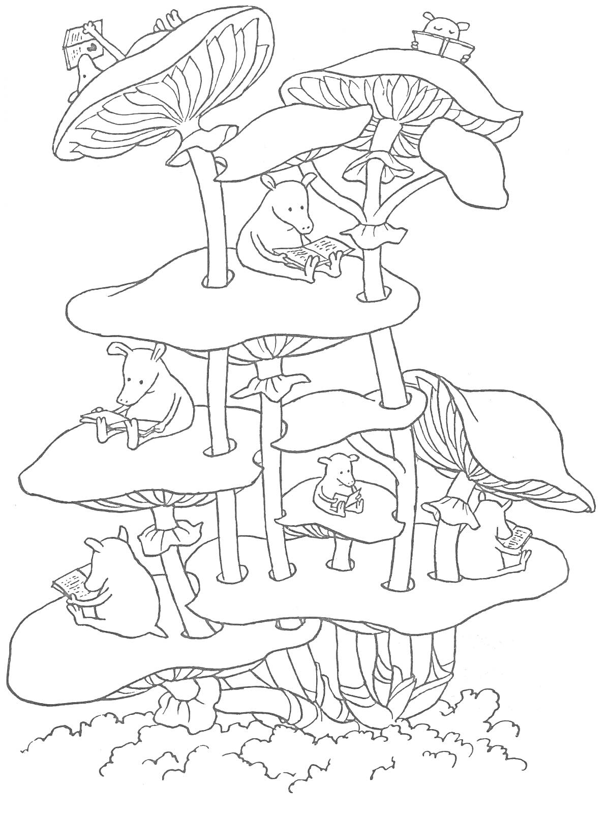 Раскраска Мыши с книгами на больших грибах