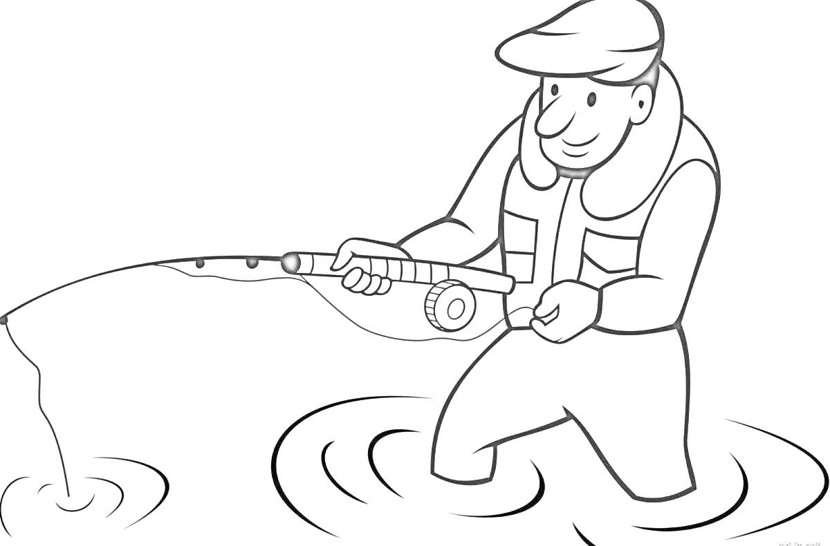 На раскраске изображено: Рыбалка, Рыбак, Удочка, Вода, Жилет, Ловля рыбы