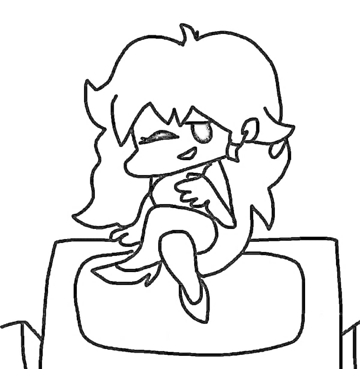 Раскраска Девушка с длинными волосами на телевизоре, подмигивающая и сидящая со скрещенными ногами
