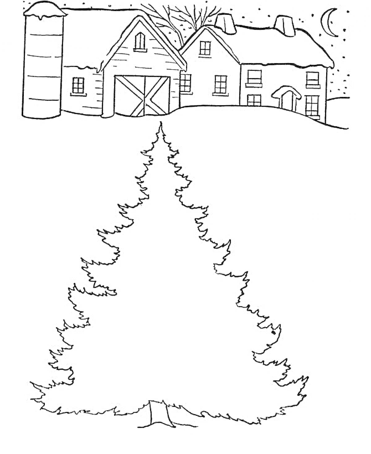 Раскраска Домик с амбаром, елью и зимним пейзажем под луной
