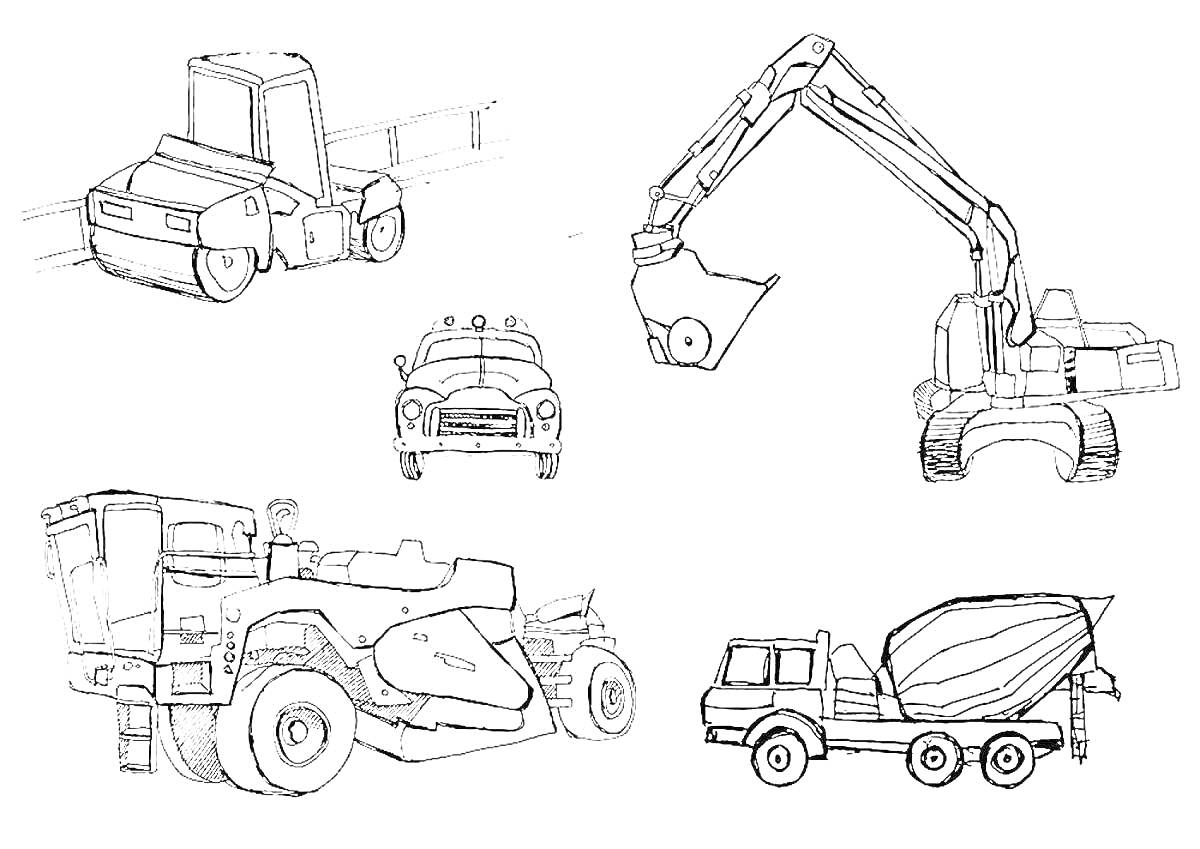 На раскраске изображено: Экскаватор, Каток, Бетономешалка, Транспорт, Строительство