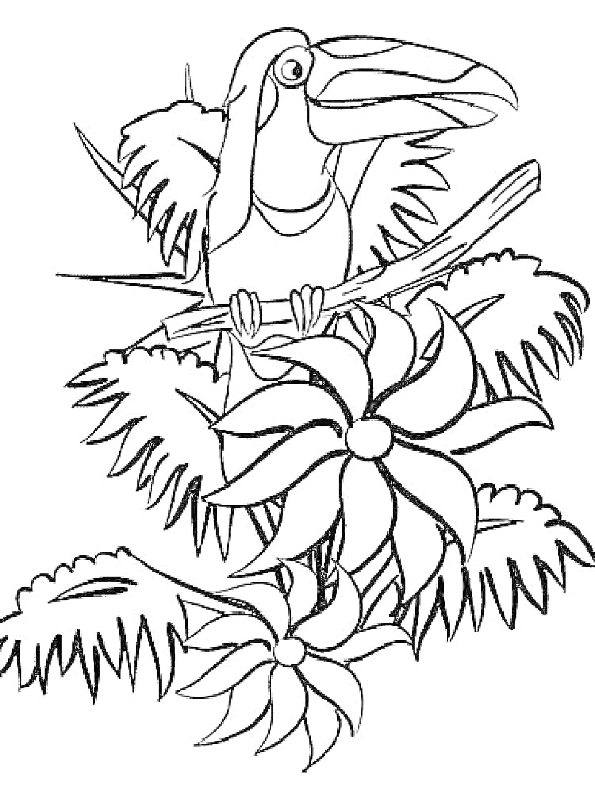 Тукан на ветке с цветами и листьями
