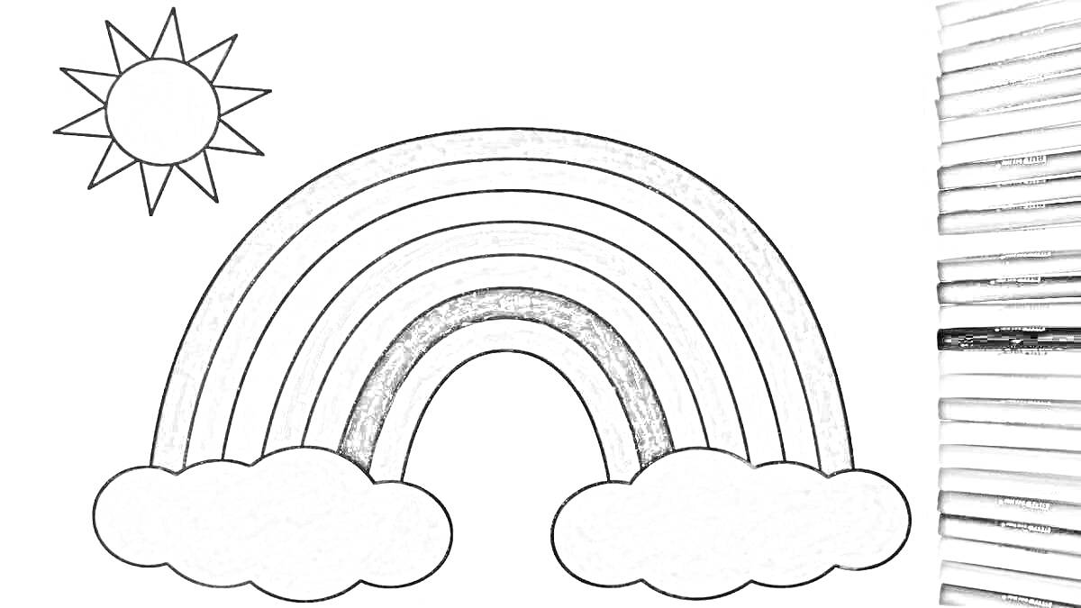 На раскраске изображено: Солнечный день, Облака, Солнце, Радужные цвета, Яркие цвета, Фломастеры
