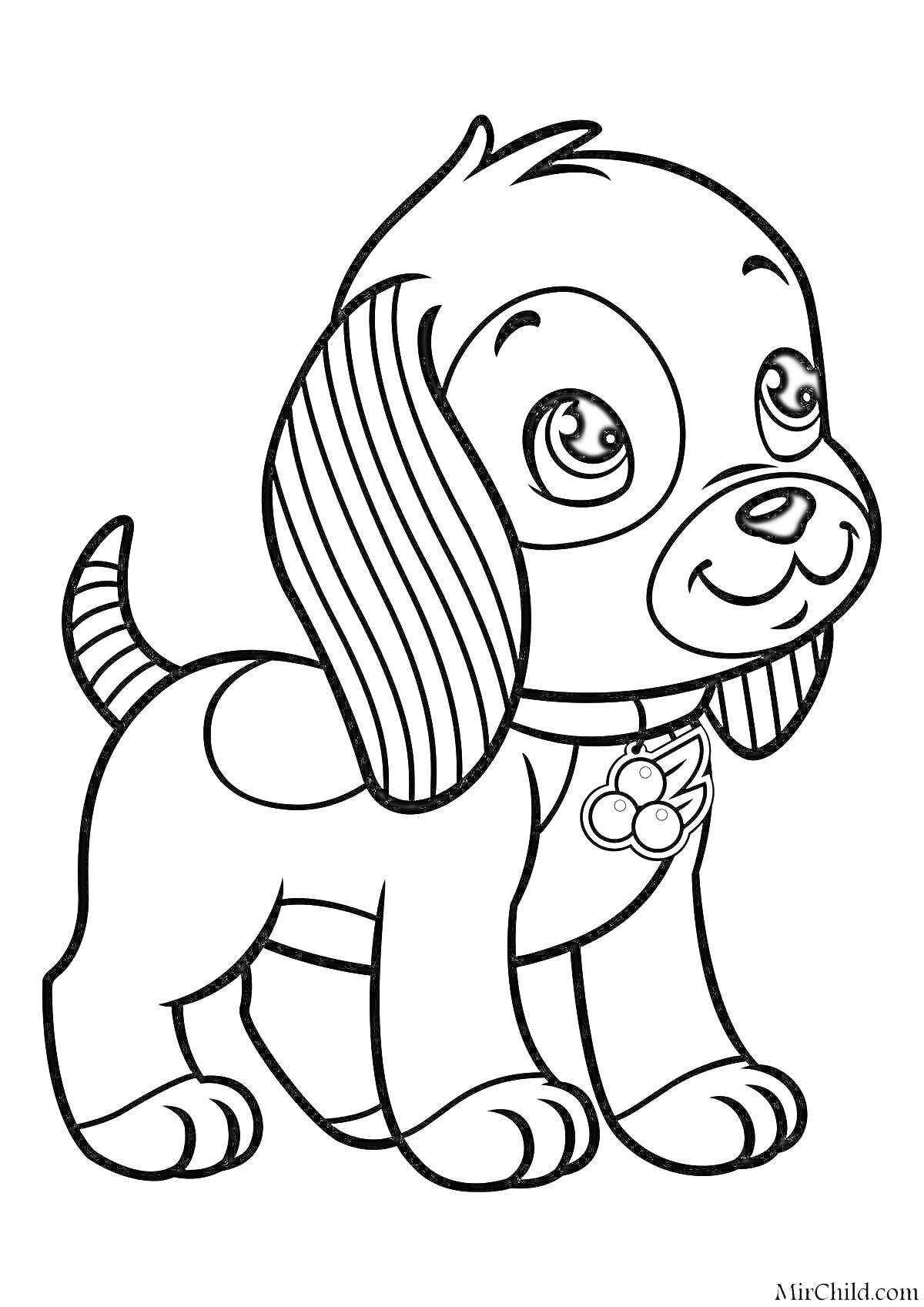 На раскраске изображено: Собака, Длинные уши, Медальон, Питомец, Для детей