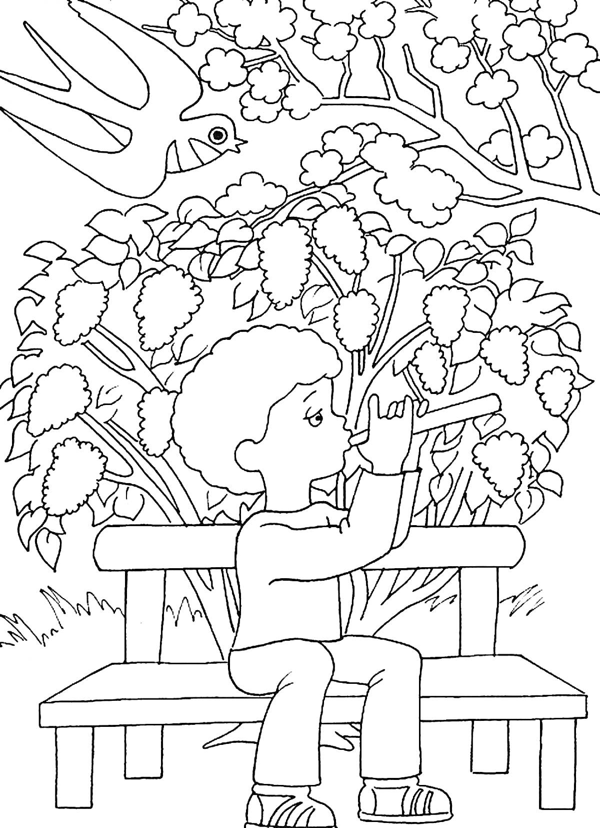Мальчик на скамейке, играющий на дудочке, кусты сирени, ласточка в небе