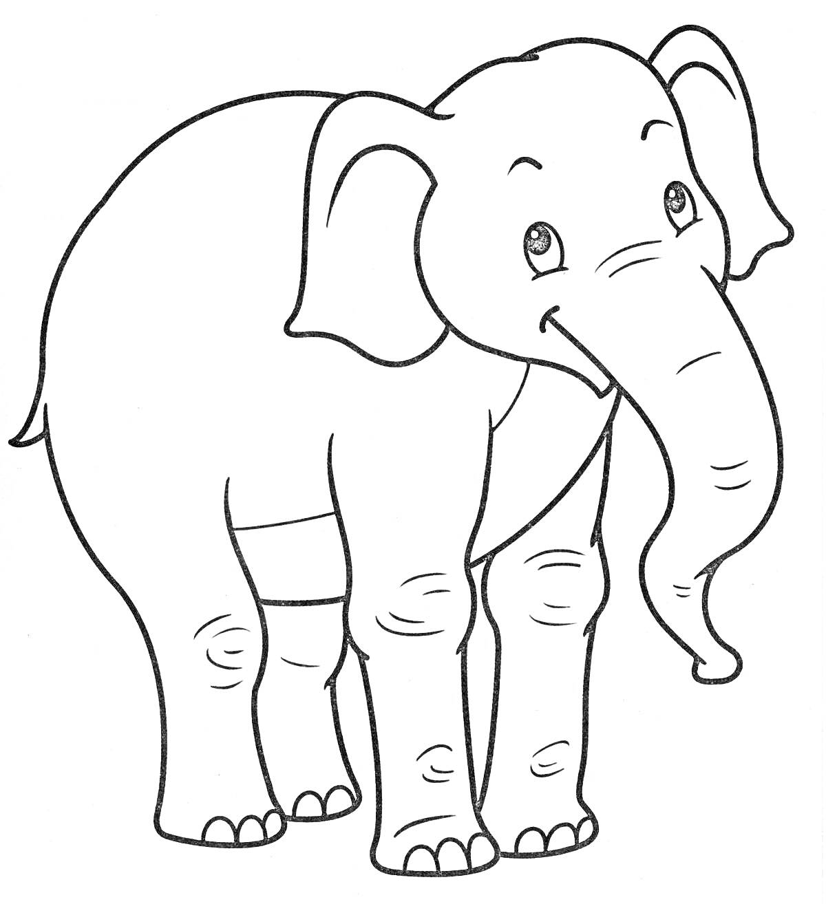 Раскраска Слоник с крупными ушами и длинным хоботом, стоящий на четырех ногах