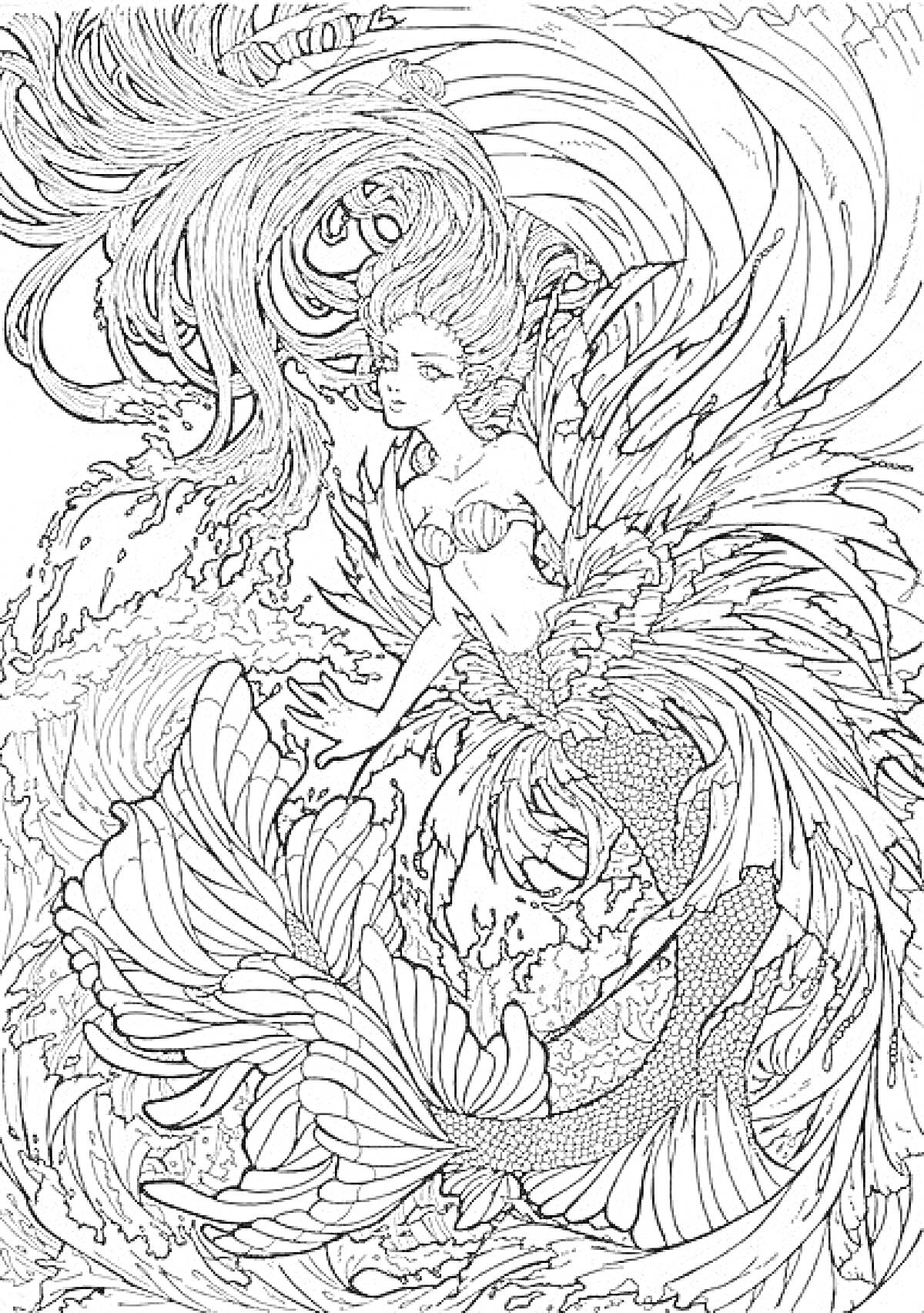 Раскраска Сирена среди волнистых узоров с длинными волосами, раковиной бюстгальтер, чешуйчатым хвостом и плавниками, окружённая волнами