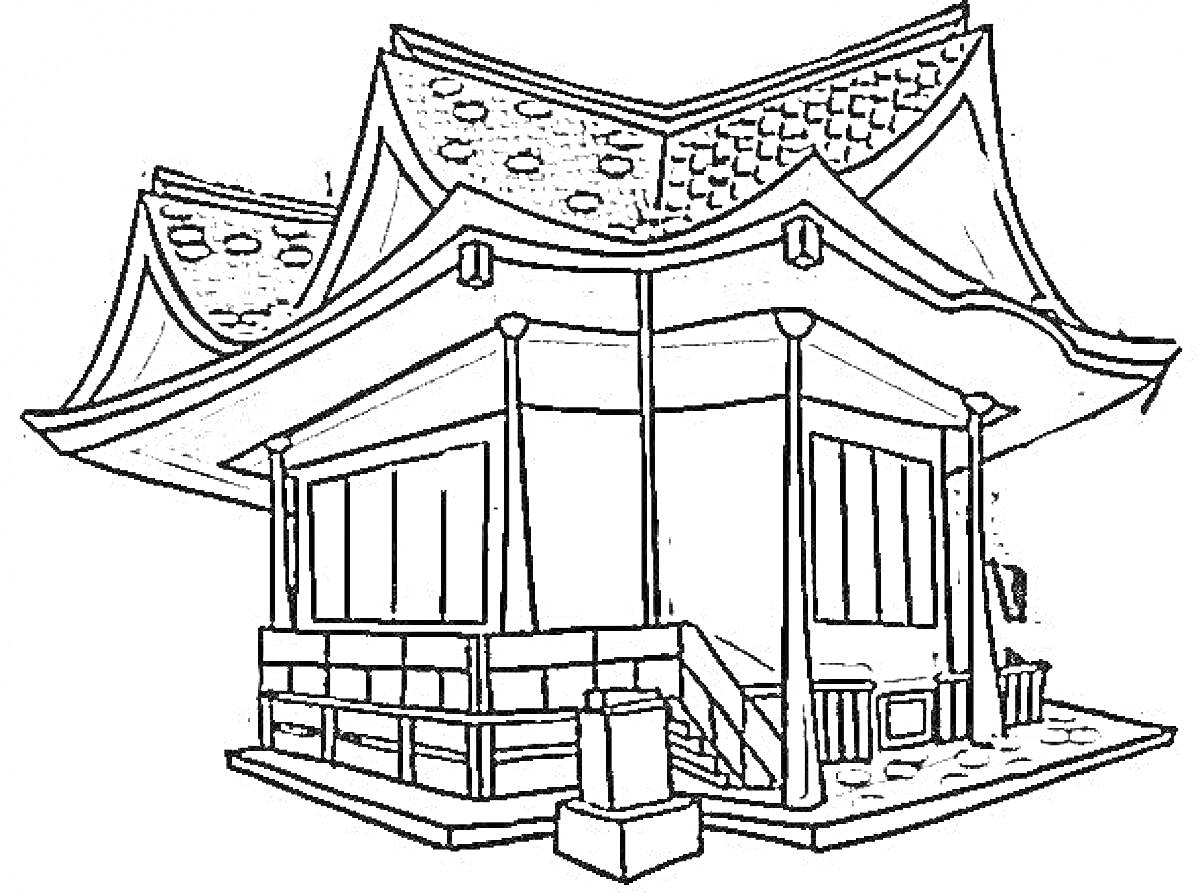 На раскраске изображено: Японский дом, Традиционная архитектура, Крыша, Терраса, Окна, Поручни, Лестница, Балки, Опоры