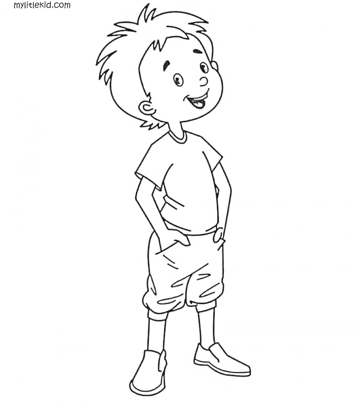 Раскраска Мальчик с короткими волосами в футболке и шортах, с руками в карманах, улыбающийся