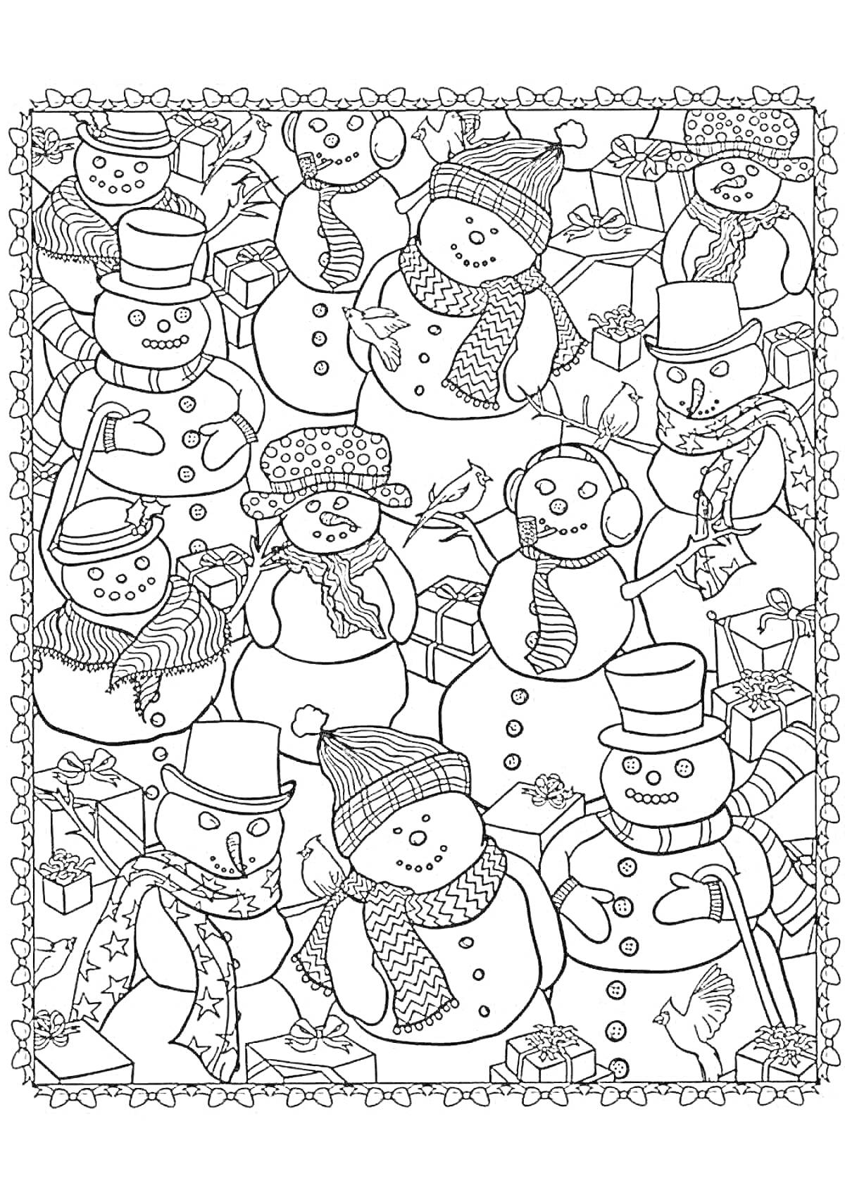 Раскраска Снеговики, подарки, и рождественские украшения
