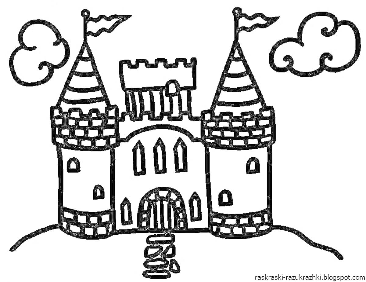 На раскраске изображено: Для детей, Крепость, Замок, Башни, Облака, Ворота, Окна, Флаг