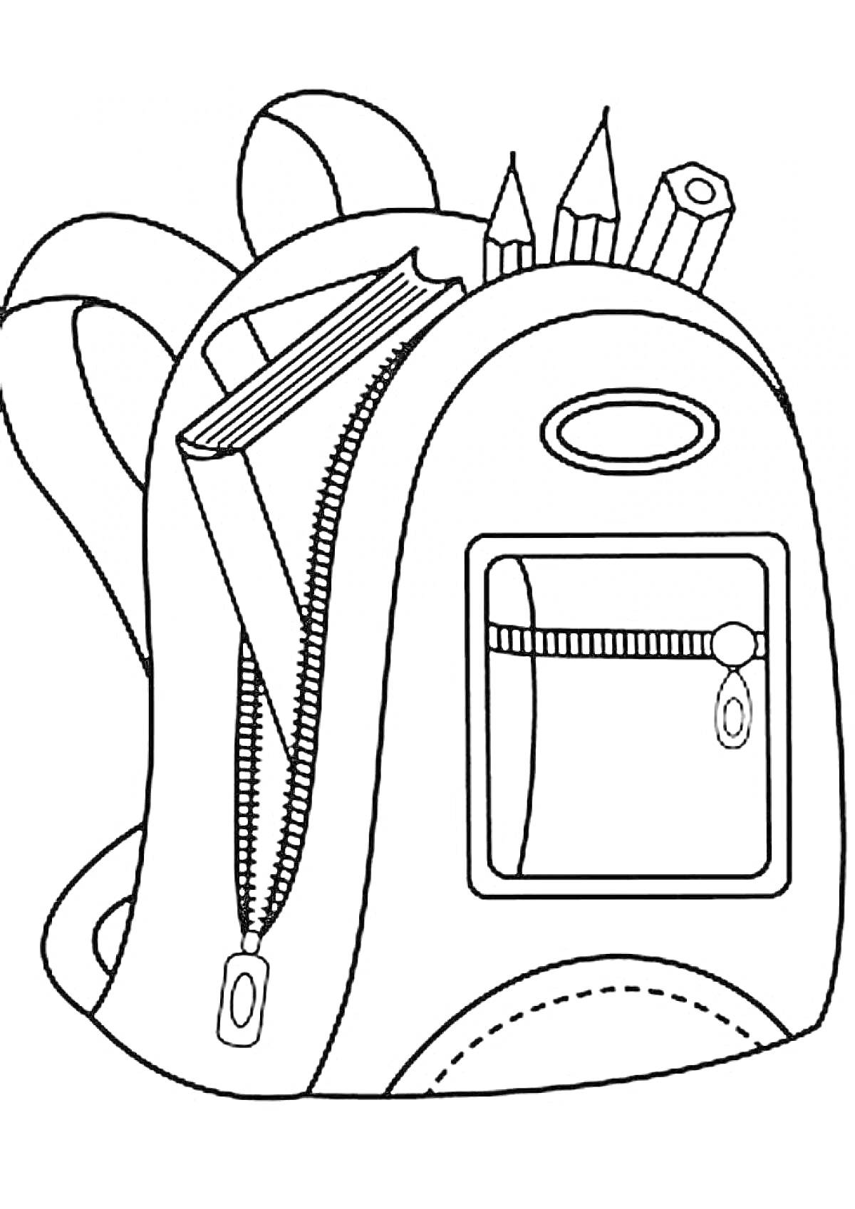На раскраске изображено: Рюкзак, Книга, Ручка, Карандаши, Школьный рюкзак, Учебные принадлежности, Школьные принадлежности