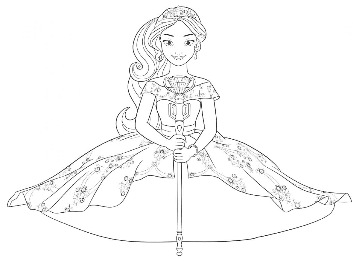 На раскраске изображено: Принцесса, Елена, Цветочный узор, Меч, Распущенные волосы