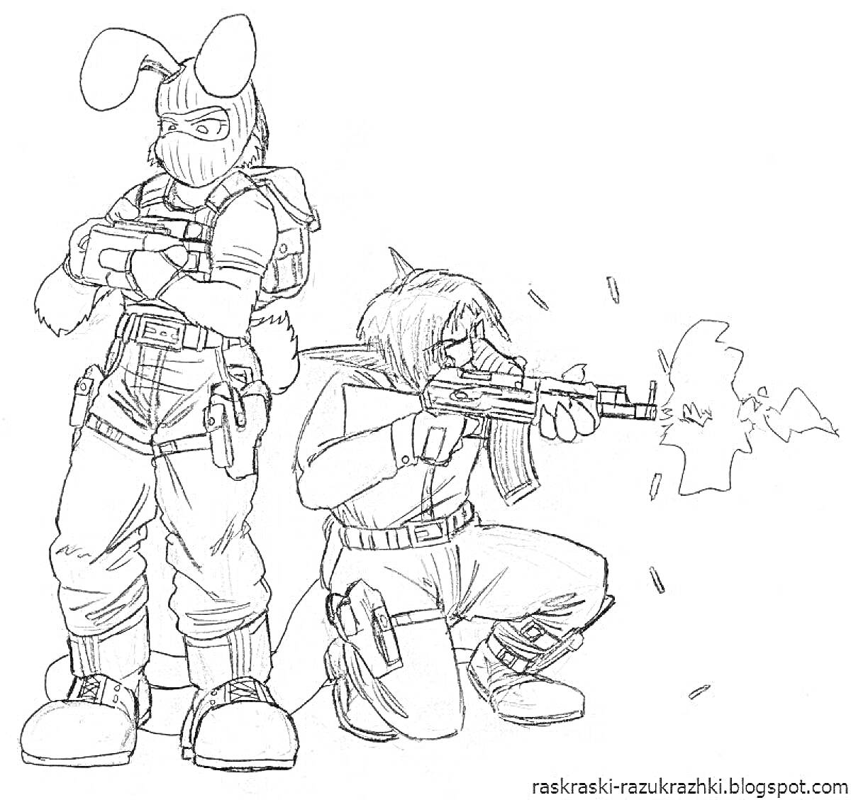 Раскраска Два игрока из Standoff 2 - один стоит с крестом на груди и в маске с ушами, другой стреляет из автомата.