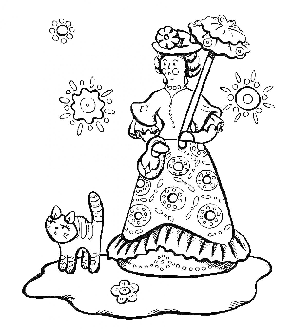 Раскраска Дымковская барышня с цветочным узором, держащая зонт и кот рядом
