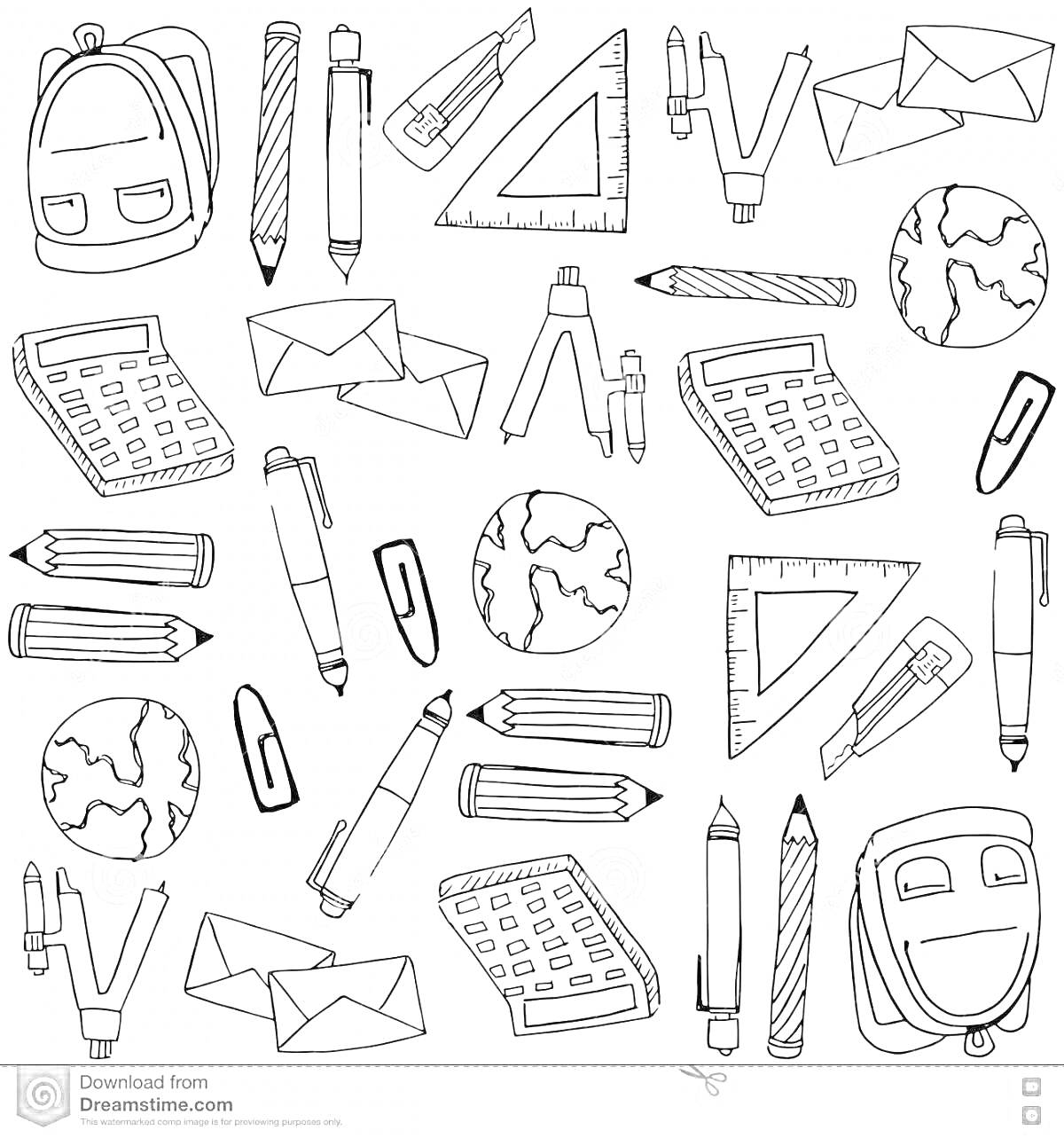 На раскраске изображено: Учебные принадлежности, Рюкзак, Ручка, Конверт, Линейка, Калькулятор, Глобус
