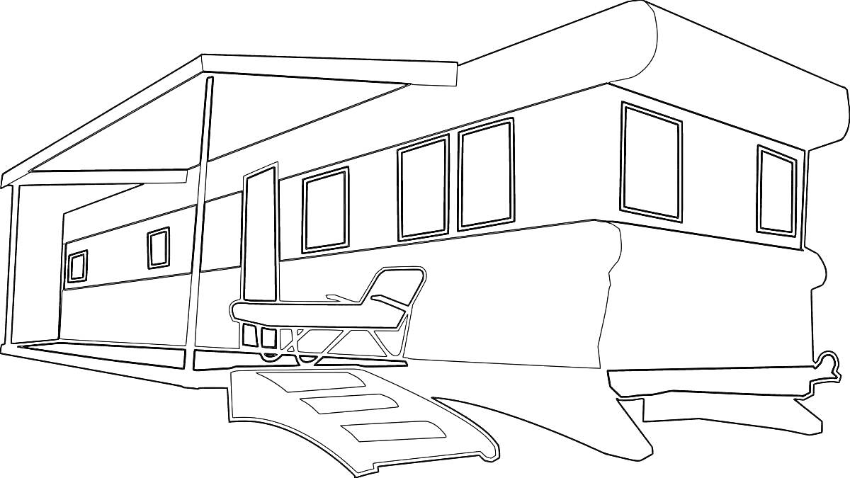 Раскраска Дом на колесах с крытой верандой и лестницей