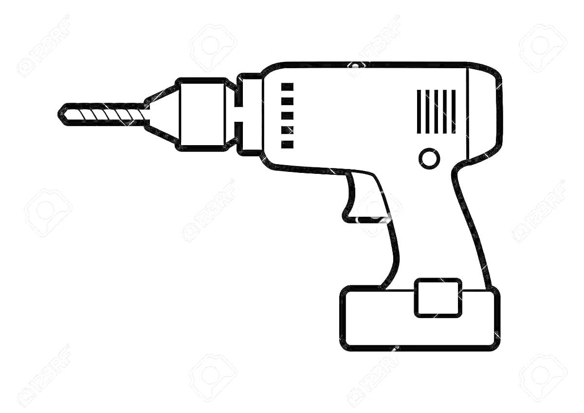 На раскраске изображено: Шуруповерт, Инструмент, Электродрель, Насадка, Батарейка, Вентиляционные отверстия