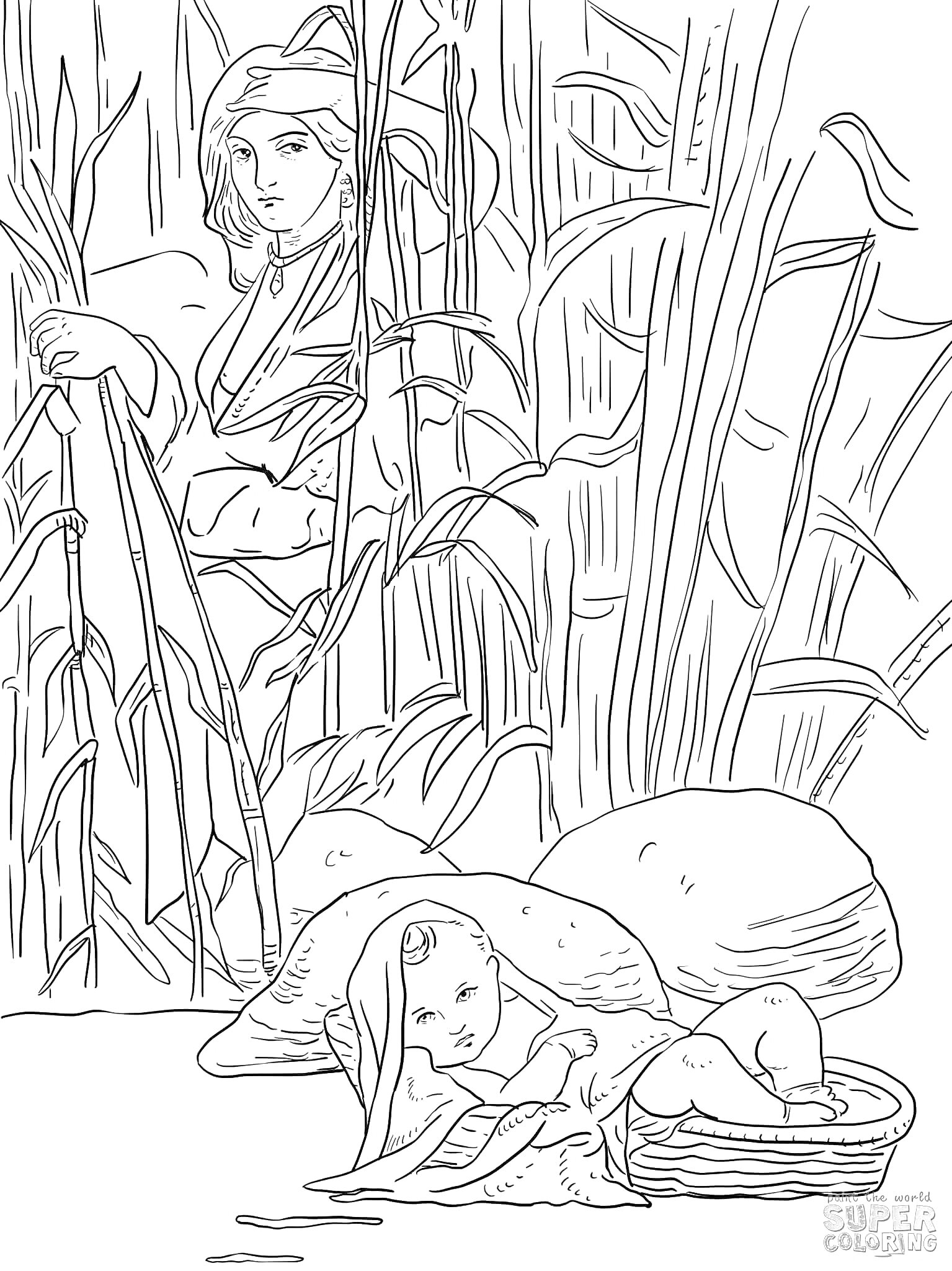 Раскраска Младенец Моисей в корзине на реке с женщиной на фоне среди тростника