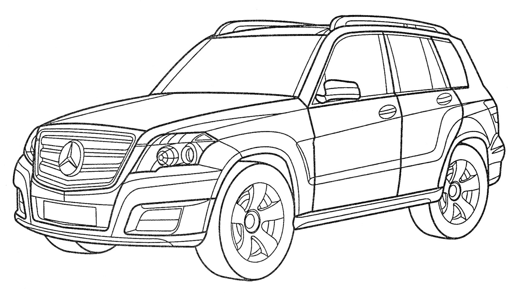 Раскраска Линия рисунка автомобиля Мерседес GLK с четырьмя дверями и дисками