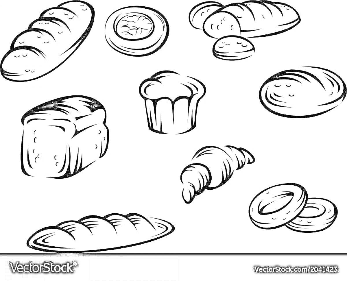 На раскраске изображено: Хлеб, Булочка, Кекс, Батон, Пирог, Выпечка, Пончик, Круассаны
