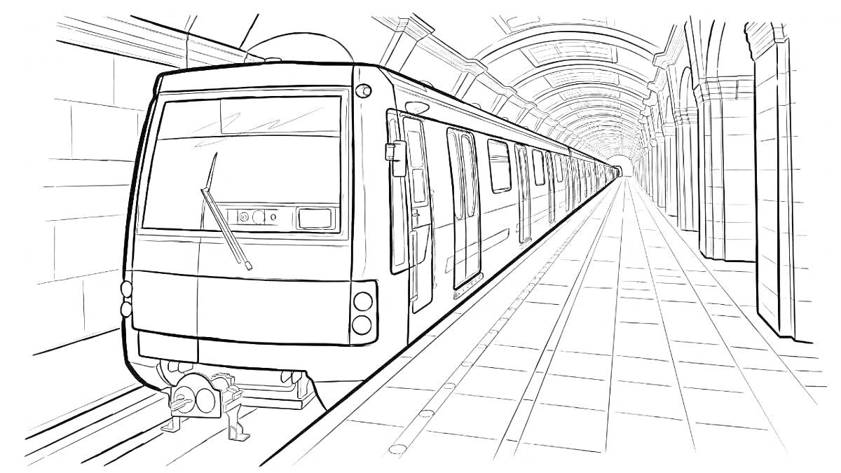 Раскраска Поезд в метрополитене, тоннель, платформа, пути