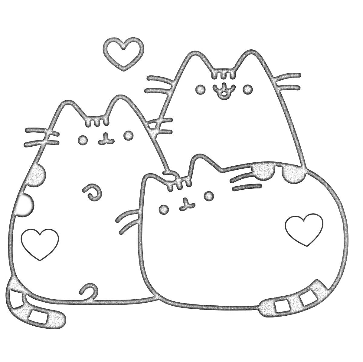 Раскраска Три кавайных котика с сердечком над ними