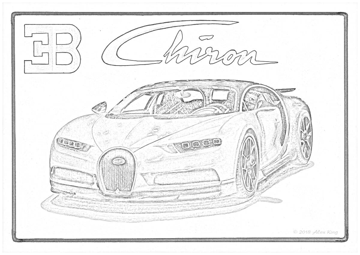 На раскраске изображено: Bugatti, Chiron, Гиперкар, Суперкар, Спорткар, Транспорт, Скорость