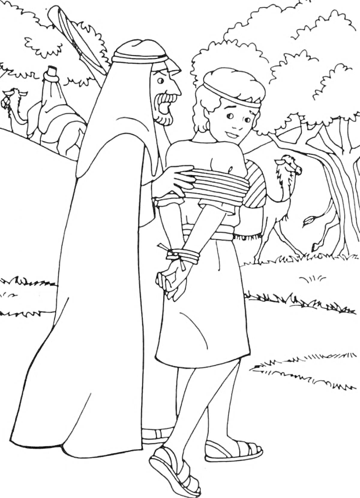 Раскраска Иосиф, связанный по рукам и ведомый мужчиной в грубой одежде, деревья и люди на заднем плане