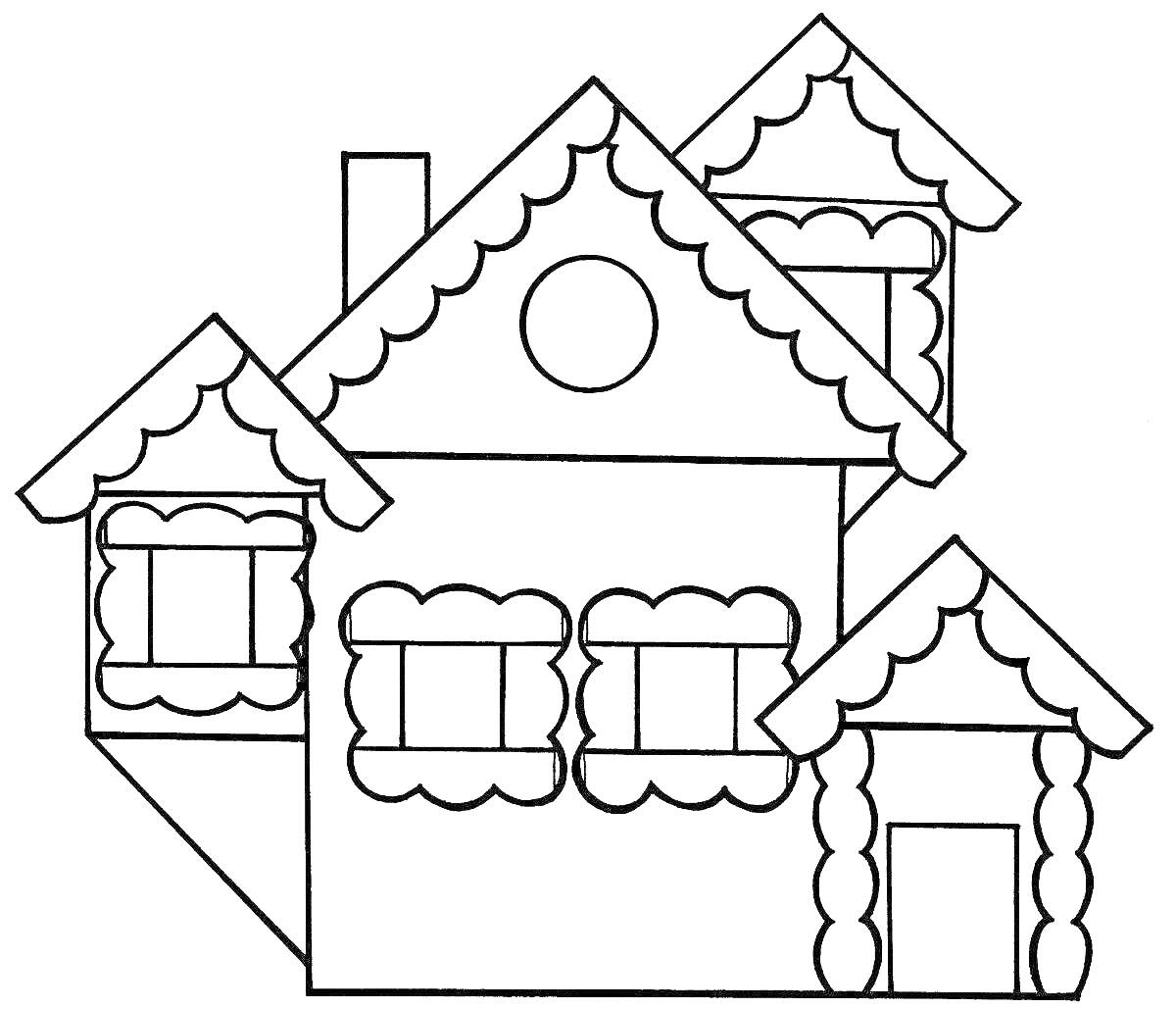 Раскраска Теремок с тремя крышами, тремя окнами, трубой и дверью