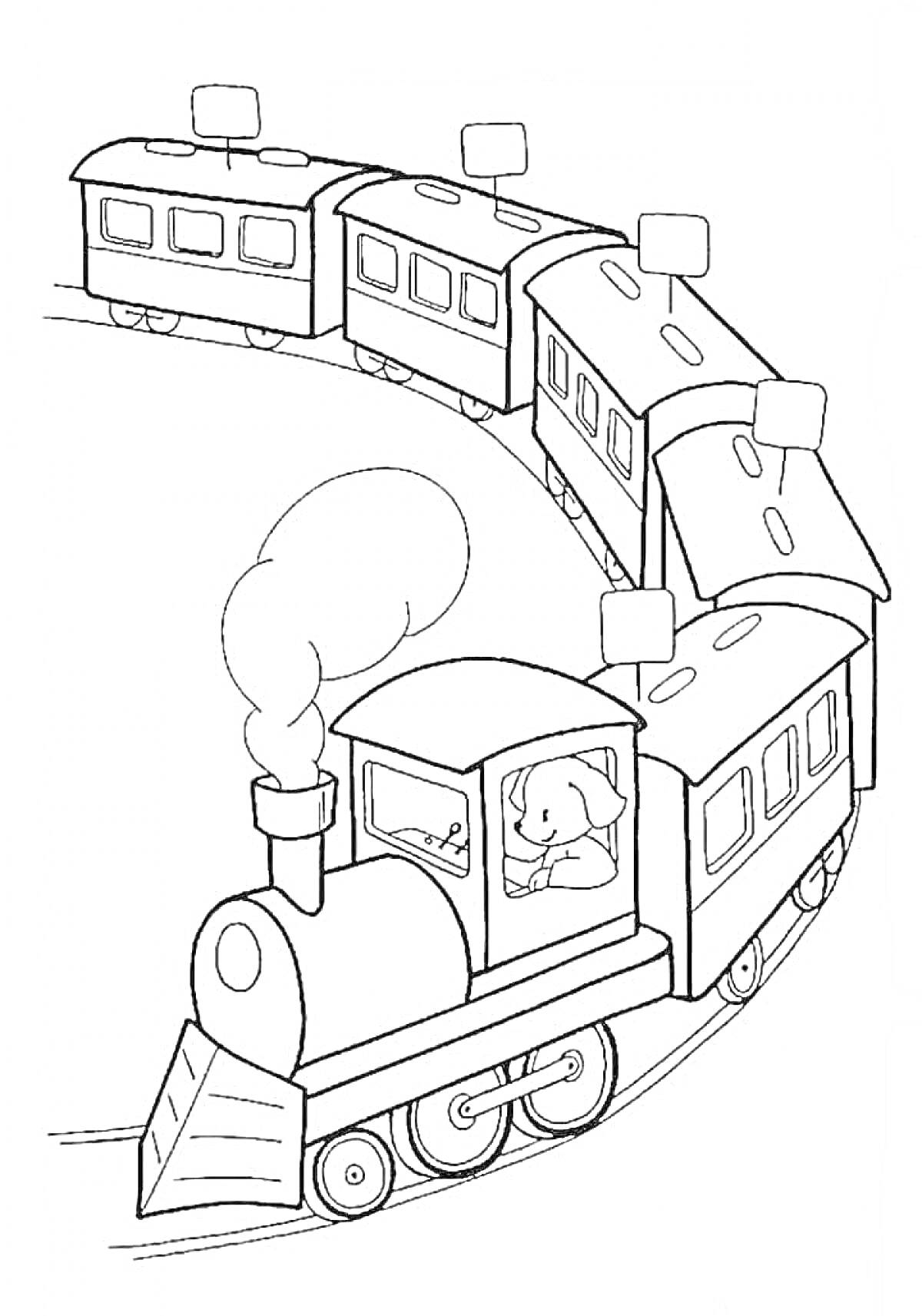Раскраска Поезд с вагонами и собакой-машинистом