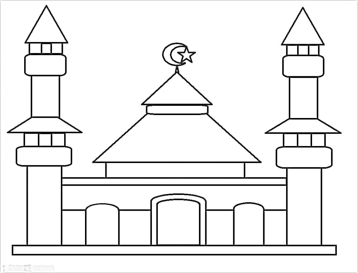 Раскраска мечеть с центральным куполом, двумя минаретами с куполами и полумесяцем и звездой наверху.