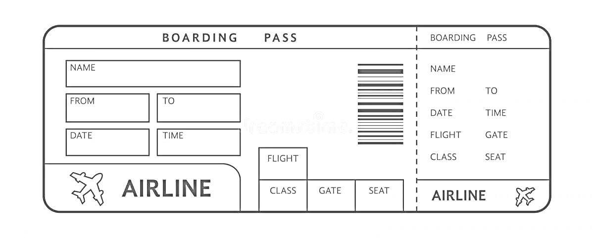 Авиабилет с полями для заполнения имени, пункта отправления и прибытия, даты и времени, номера рейса, класса, выхода на посадку и места.