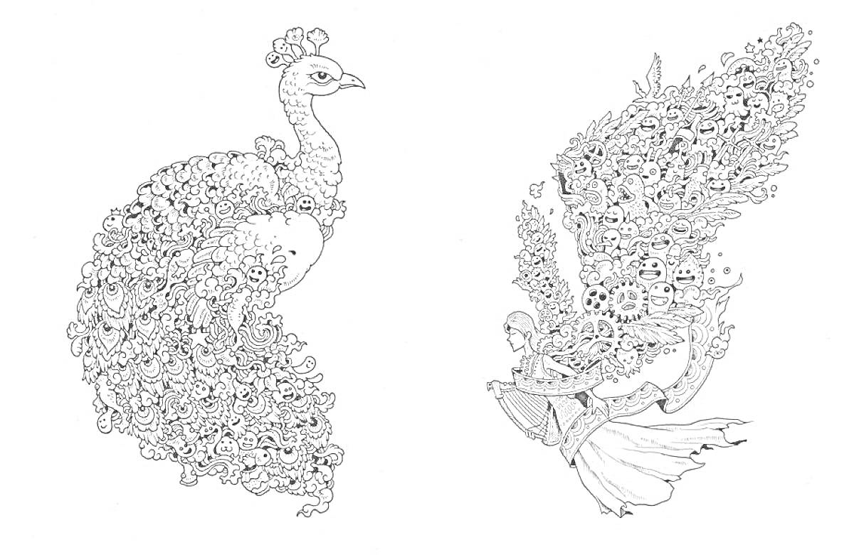 Раскраска Птицы из дудлов: павлин из мелких рисунков, смесь птицы и девушки с крыльями из дудлов