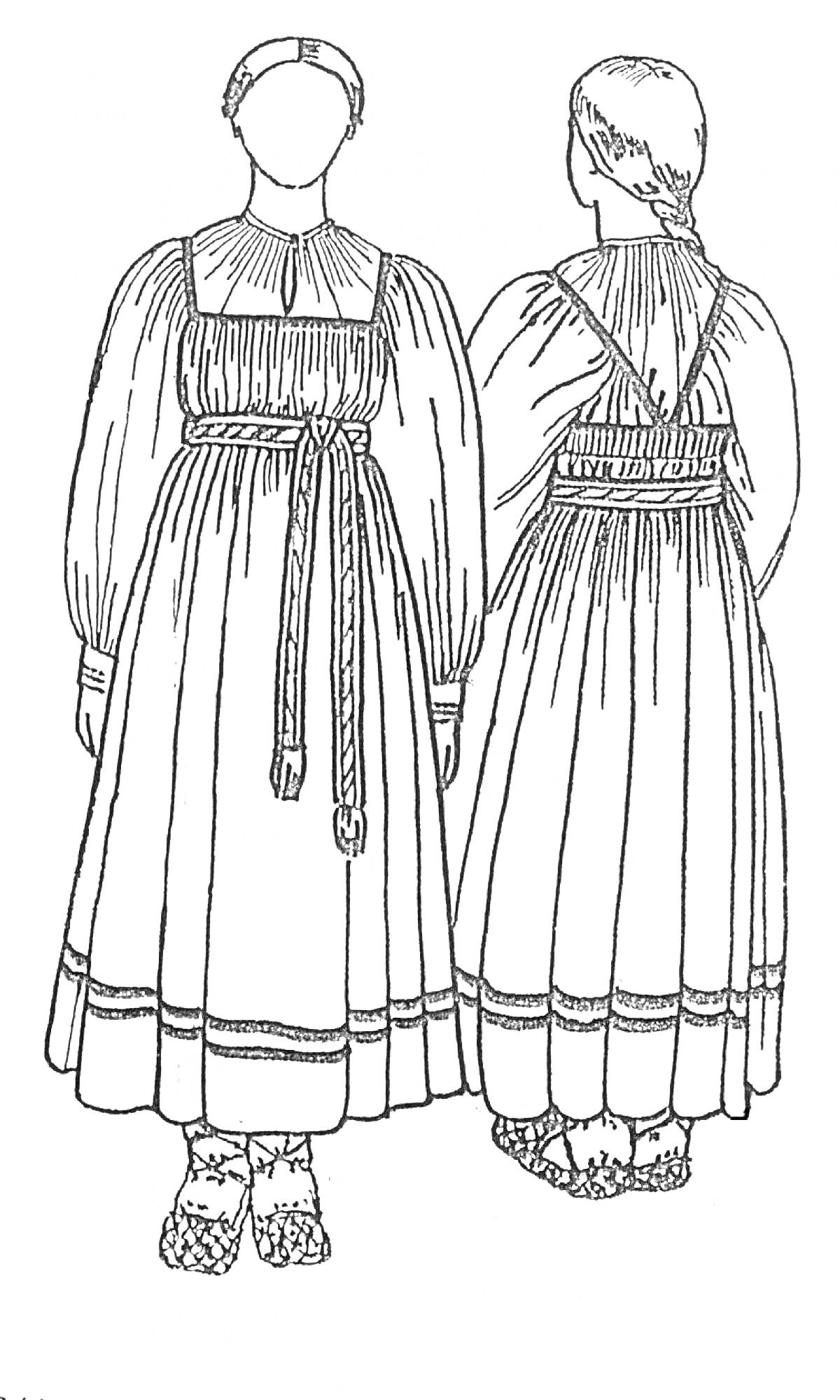 Раскраска Русский народный женский костюм с сарафаном и рубахой, поясом и головным убором, украшенные орнаментом на подоле.