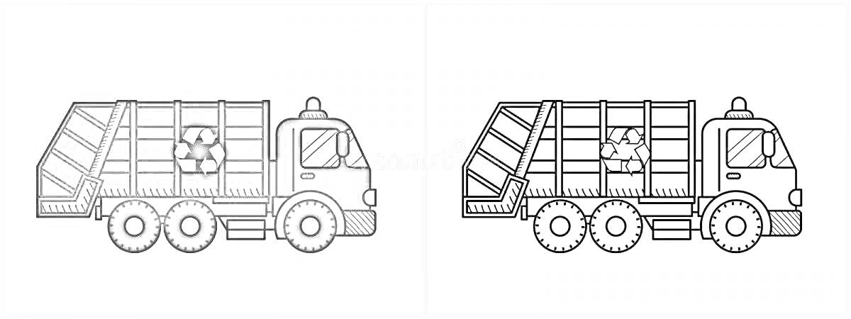 Раскраска Мусоровоз с логотипом переработки, вид сбоку, две версии - раскрашенная и контурная