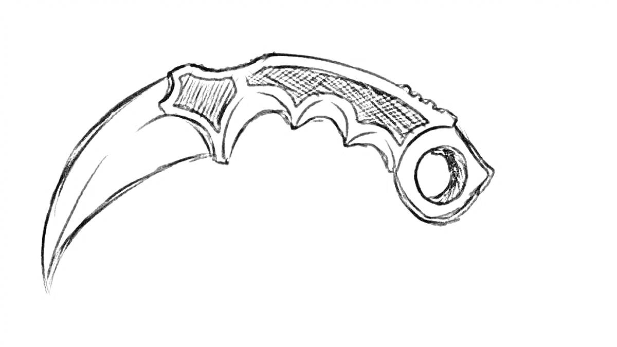 Раскраска Рисунок ножа керамбит с изогнутым лезвием и эргономичной рукояткой с выемками для пальцев и кольцом на конце.