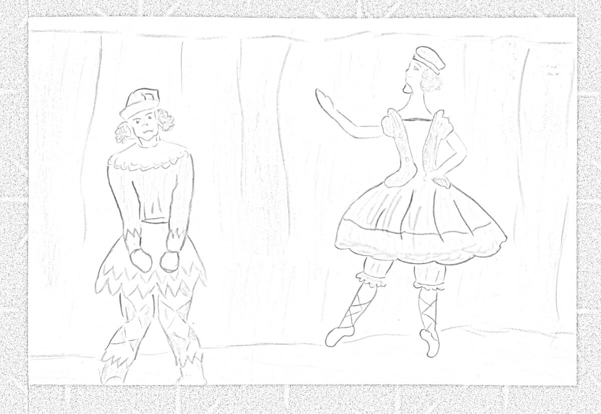 На раскраске изображено: Петрушка, Балерина, Театр, Кукольный театр