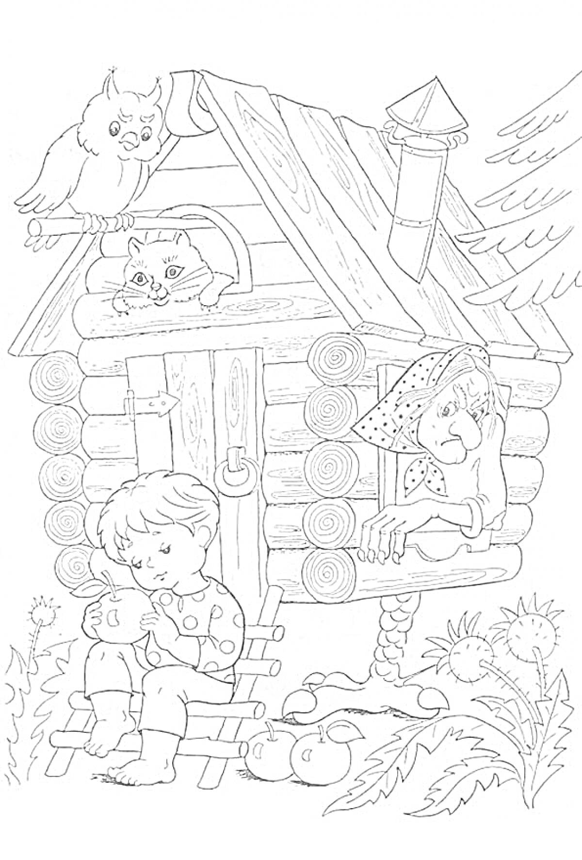 Раскраска Мальчик с куклой возле избушки на курьих ножках, в которой находится Баба Яга, на крыше сидят филин и кот.