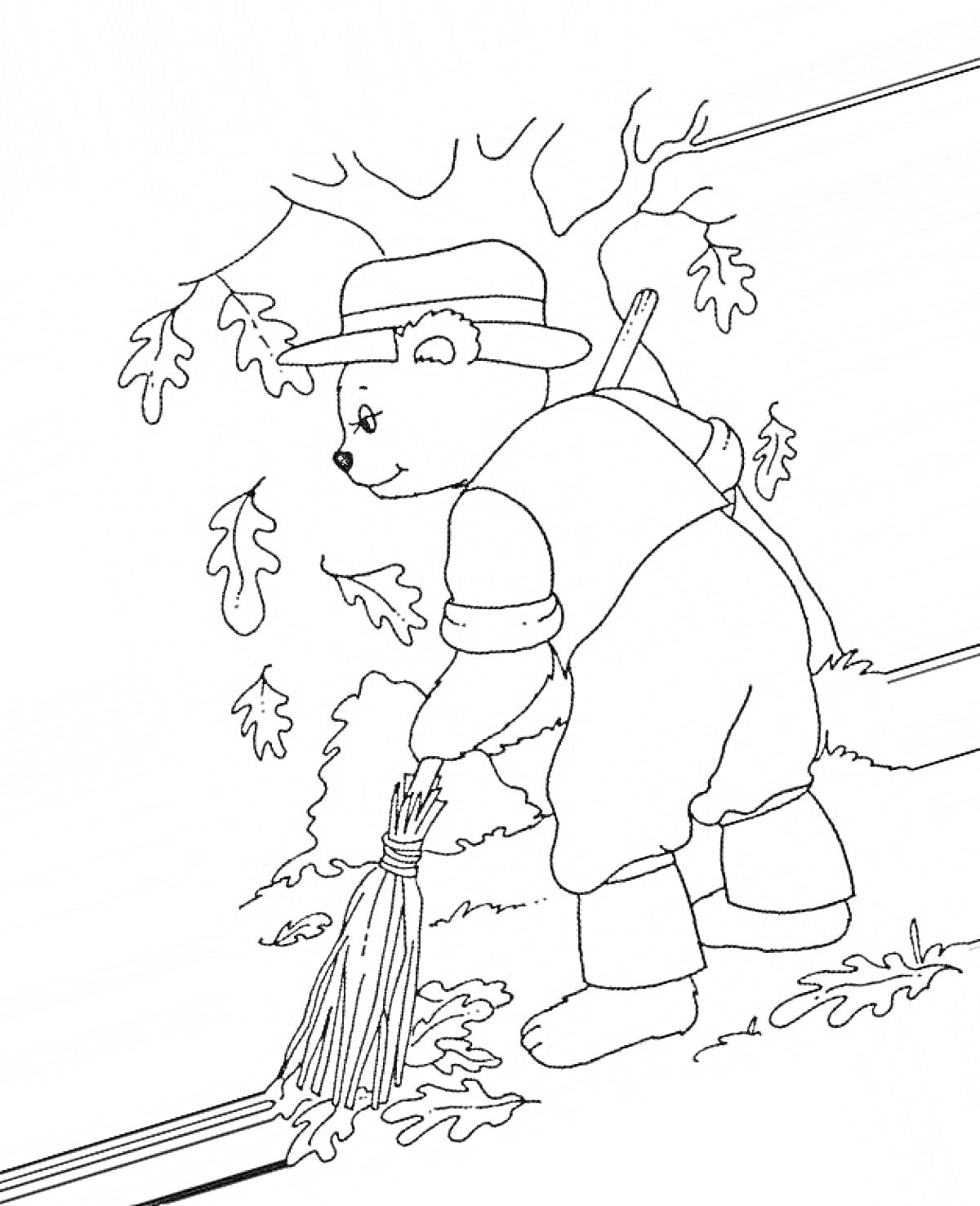 Раскраска Медведь в шляпе и комбинезоне подметает осенние листья возле дерева