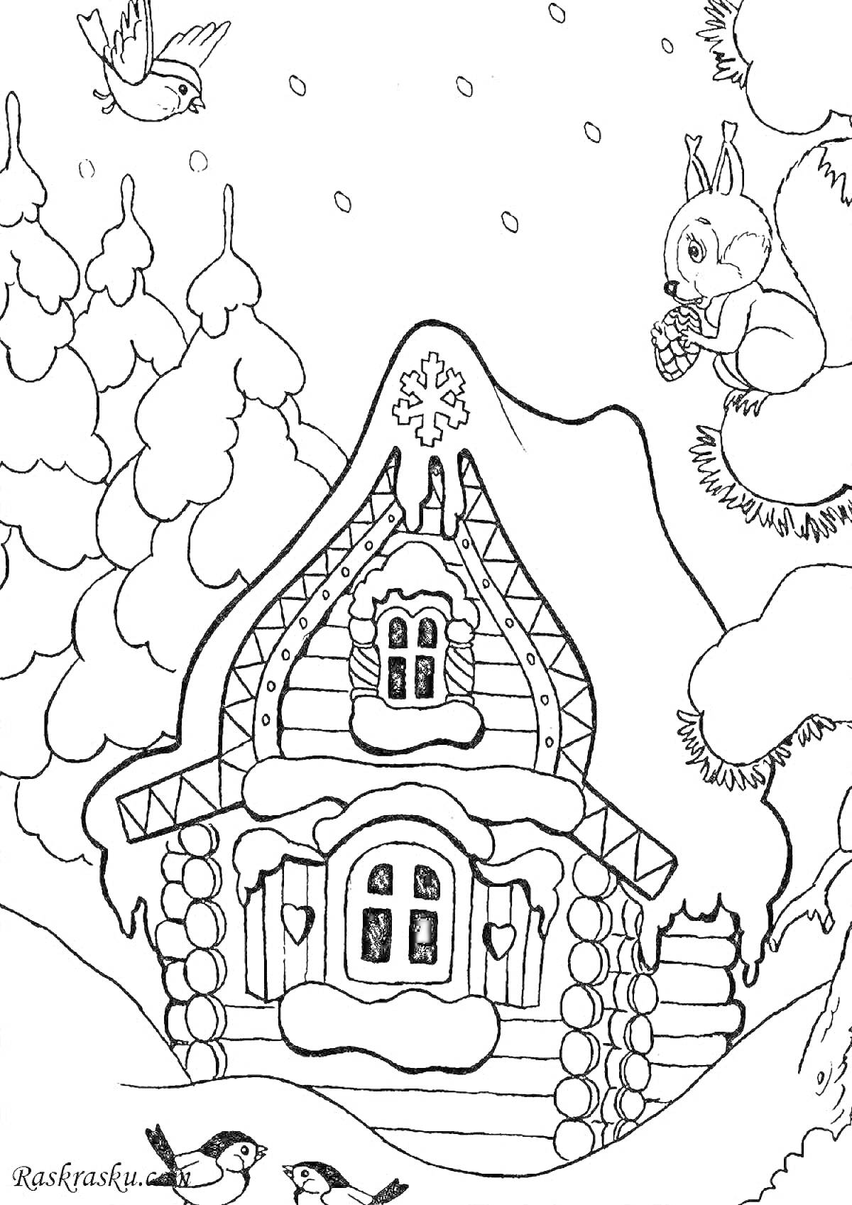 На раскраске изображено: Лес, Зима, Снег, Белка, Ёлки, Природа, Животные