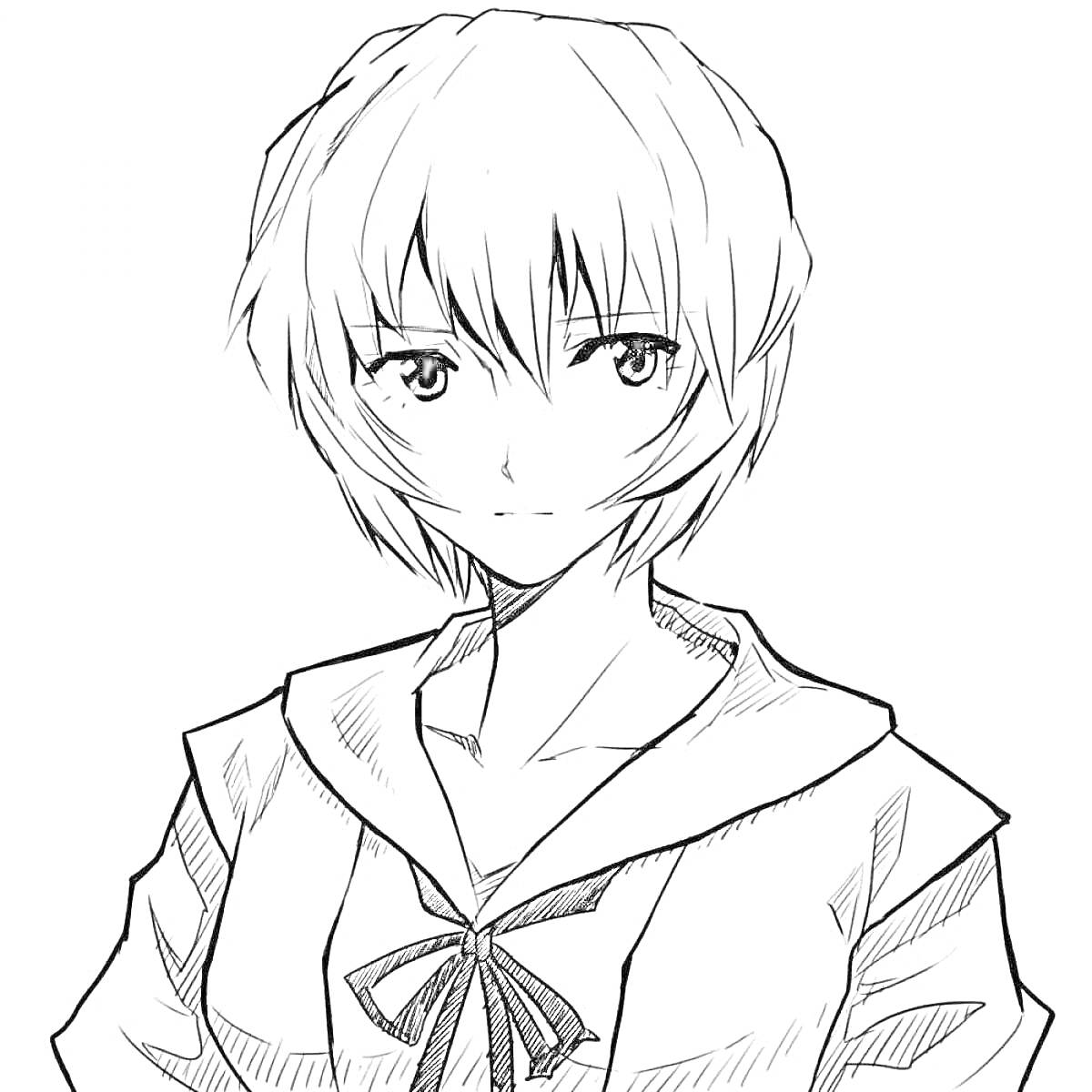 Раскраска Девушка с короткими светлыми волосами в школьной форме с бантом