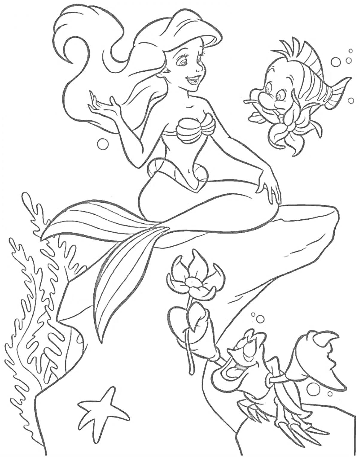 На раскраске изображено: Русалочка, Рыбка, Краб, Водоросли, Морская звезда, Подводный мир, Морская жизнь, Камни, Растения