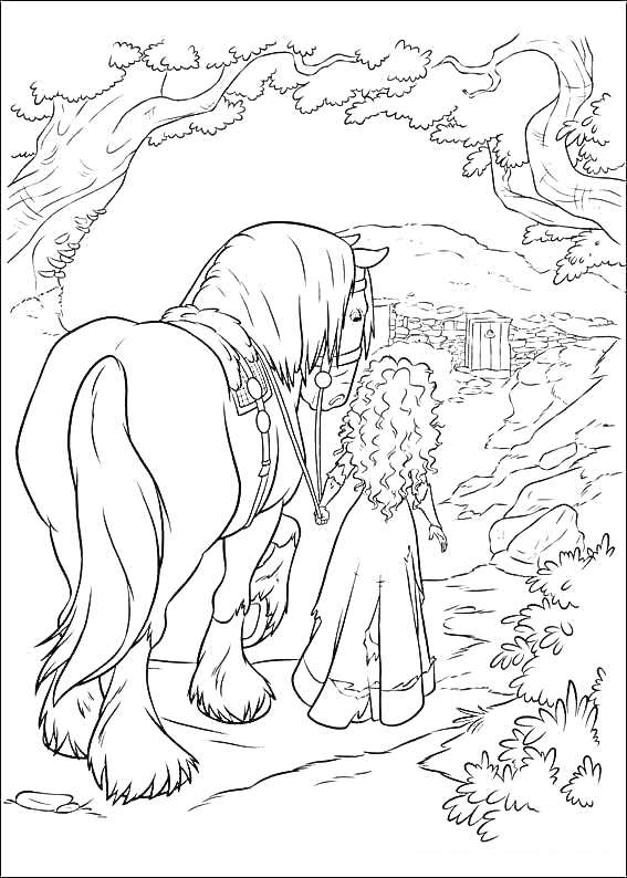 Раскраска Девочка с длинными кудрявыми волосами и лошадь, идущие по тропинке к старинному каменному строению, окруженному деревьями