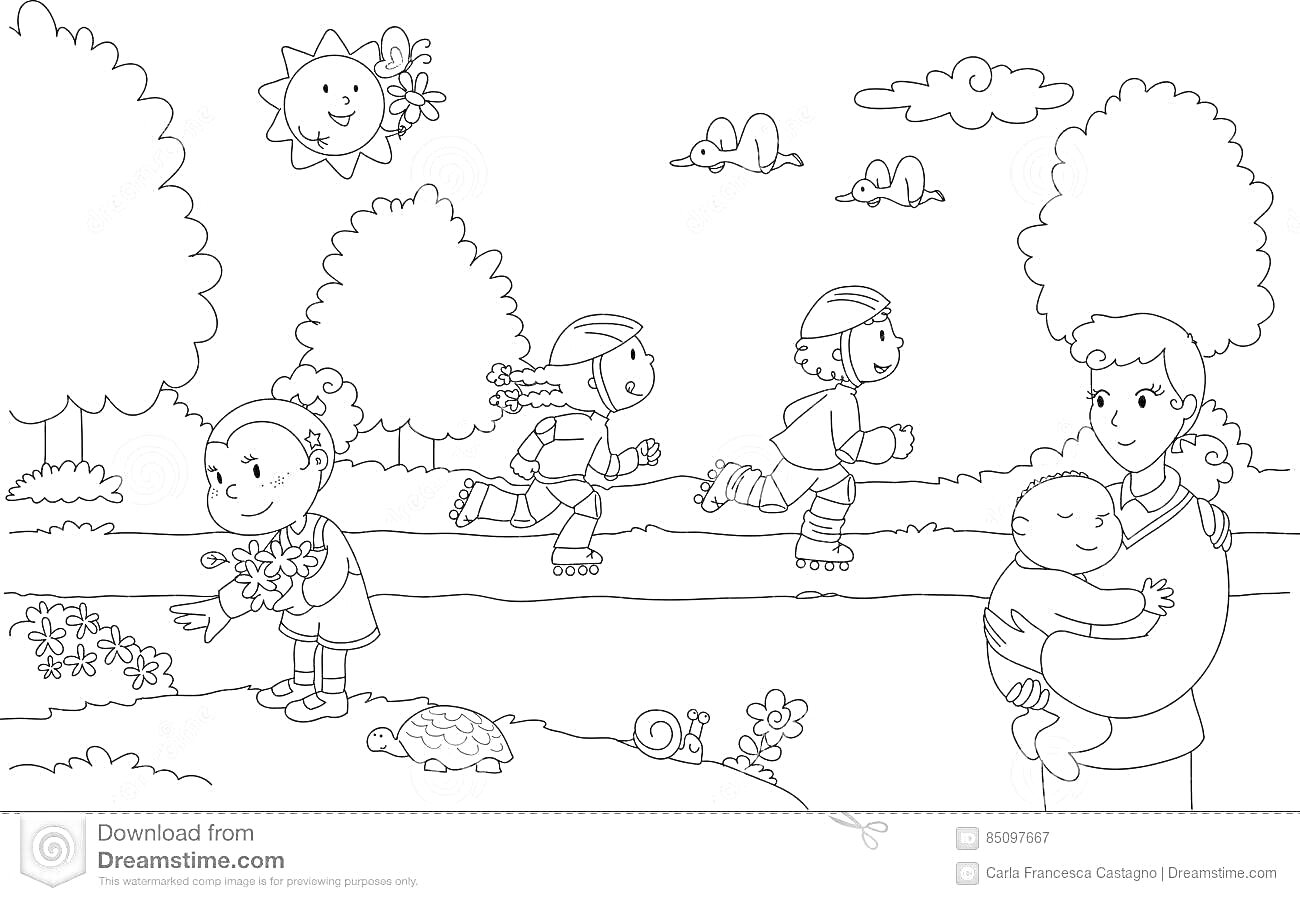 Раскраска Дети и взрослый на прогулке в парке: дети собирают цветы, катаются на роликах; взрослый держит ребенка; солнце, облака, деревья, кусты, черепаха