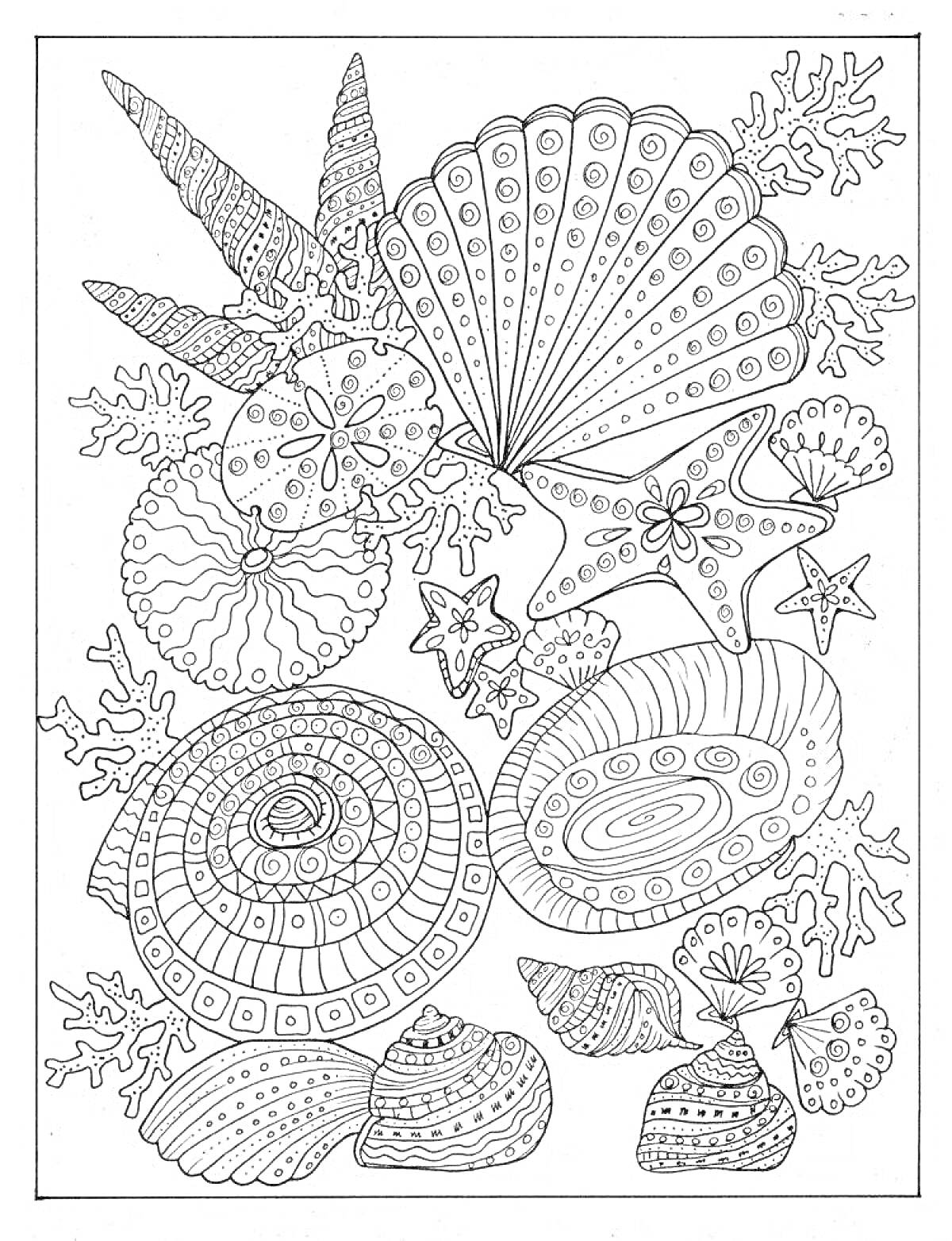 На раскраске изображено: Подводный мир, Антистресс, Кораллы, Морские звезды, Узоры, Расслабление