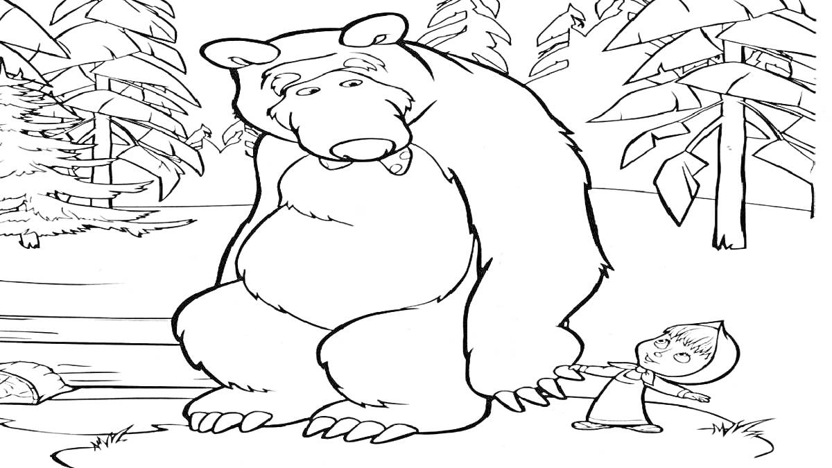Раскраска Медведь и девочка в лесу