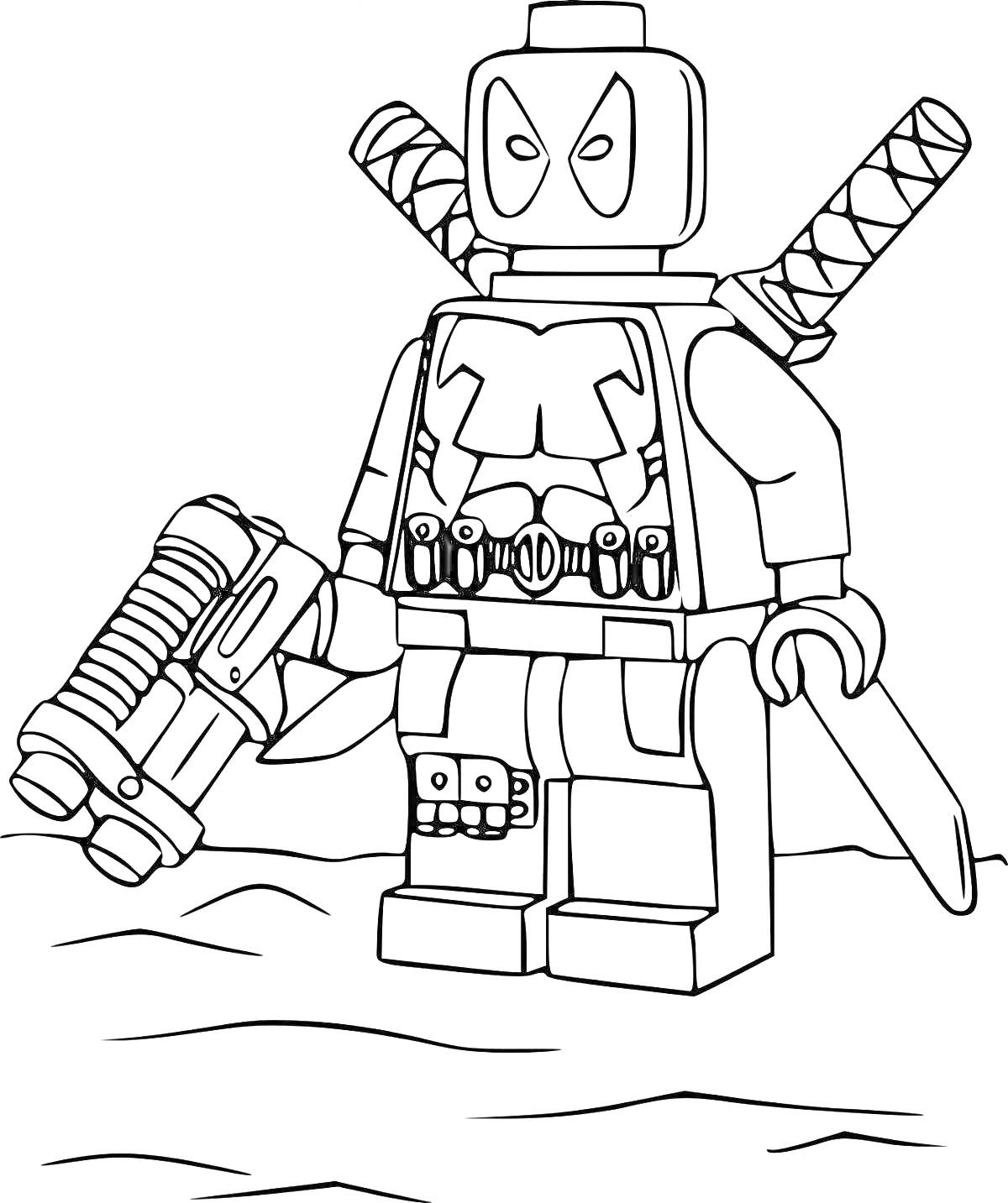 Раскраска Лего фигура с оружием и двумя мечами на спине